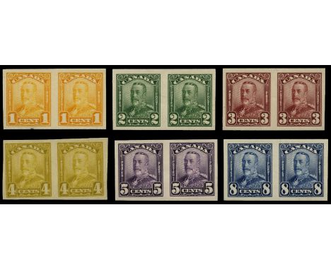 1928-29 1c orange to 8c blue in imperforate horizontal pairs (SG 275/80 vars), 4c olive-bistre u/m, others without gum, only 