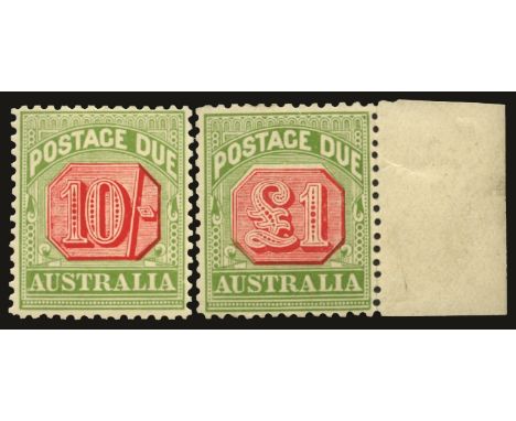 Postage Dues: 1909-10 perf 12x12½ (comb), 10s and £1 rosine and yellow-green (SG D72/73), both with typical very light overal