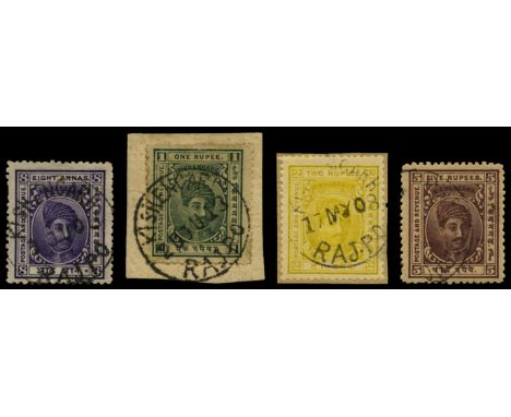 1904-10 8a violet, 1r green, 2r olive-yellow and 5r purple-brown (SG 47/50), first three used by virtually complete Kishangar