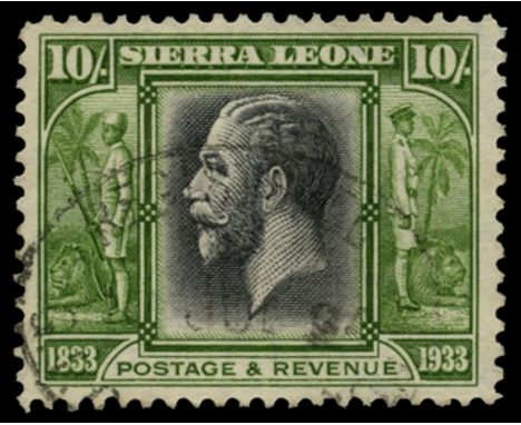 1933 Wilberforce, 10s black and sage-green (SG 179) which has a forged light registered oval dated 1 JUL 34, BPA cert (2017),