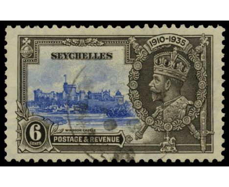 1935 Silver Jubilee 6c ultramarine and grey-black, variety 'Flagstaff on right-hand turret' (SG 128d), a couple of shortish p