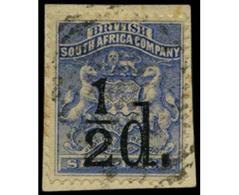 1892 (2 Jan) ½d on 6d ultramarine (SG 14) used on small piece by light numeral cancel, a few toned perfs but scarce, Otto Pee