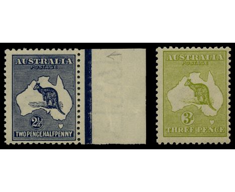 1915-27 Kangaroos, watermark 6, 2½d deep blue (right hand marginal) and 3d olive-green both with variety watermark inverted (