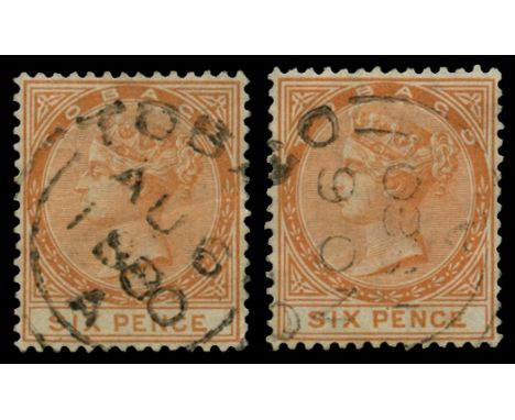 1879 6d orange, two examples, one with watermark inverted (SG 3, 3w), each used by large part cds with year date 1880, odd li