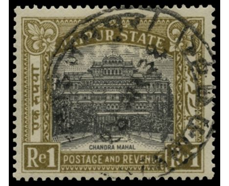 1931 Investiture of Maharaja, 1r black and pale olive "Chandra Mahal" (SG 49), very fine c.t.o. used by Jaipur City cds for 1