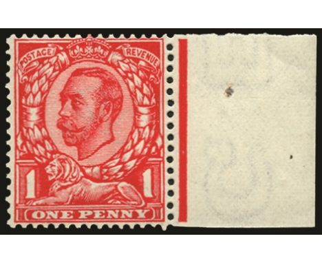 1912 (Aug) 1d scarlet watermark simple cypher, right marginal example variety watermark reversed (SG 345Wj), light creasing, 