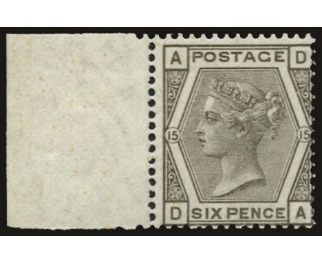 1873-80 6d grey plate 15, watermark spray of rose (SG 147), sheet margin at left, odd light gum bend and centred to lower rig