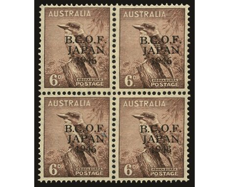 1946-47 6d purple-brown block of four, stamp 4 variety Wrong font '6' (SG J4/4a), centred to right and stamp 2 with light ben