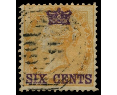 1867 (1 Sep) 6c on 2a yellow (SG 5), a few shortish or lightly toned perfs, used by light, large part 'B/109' of Malacca, sca