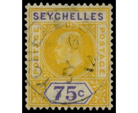 1906 75c yellow and violet, variety 'dented frame' (SG 68a), fine used by light central cds for JY 6 12, very rare in used co