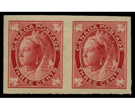 1897-98 3c carmine, imperforate horizontal pair (SG 145a), light bend but large margins and lightly hinged, large part o.g., 