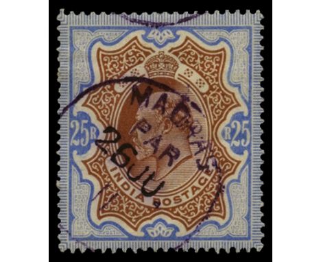 1902 -11 25r brownish orange and blue (SG 147), used by large part violet Madras parcel cds for 26 JU 11, a couple of light h