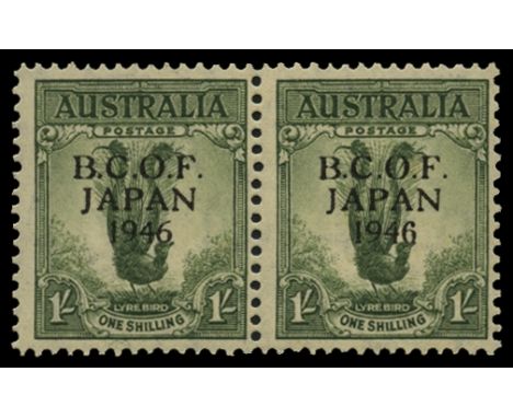 1946-47 1s grey-green horizontal pair, the right hand stamp variety wrong font '6' (SG J5/5a), fine u/m, RPS cert (1999) 