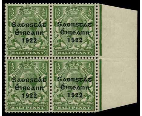 1922-23 ½d green with 'Thom' (type 5) overprint, right marginal block of four, the upper right stamp  (R15/12) showing variet