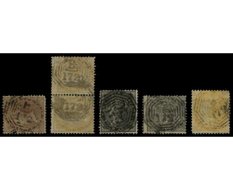 India used in: 1856-66 no watermark 1a brown, 2a buff horizontal pair, 4a grey-black, 4a black, 1865 watermarked 2a yellow, e