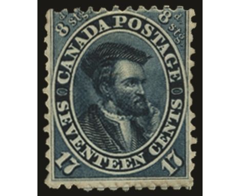 1859  17c  indigo "Cartier" (SG 43a), centred to top and a few shortish perfs, however with large part o.g. and very scarce, 