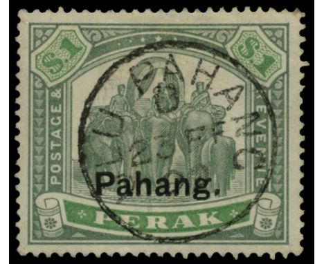 1898 overprint type 12 on Perak, $1 green and pale green (SG 23) used by neat ULU PAHANG cds for 23 FE 99, light corner bend 