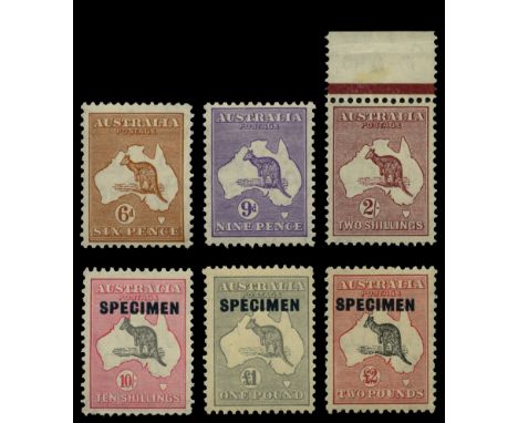 1931-36 Kangaroo, watermark 15, 6d to 5s grey and yellow (SG 132-135), the 2s (top marginal) odd shortish perf, and  another 