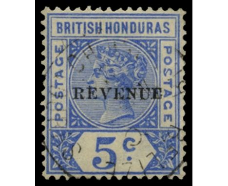 1899 5c ultramarine with 12mm 'REVENUE' overprint, variety "malformed S" (SG 66b), shortish perf at foot, otherwise very fine