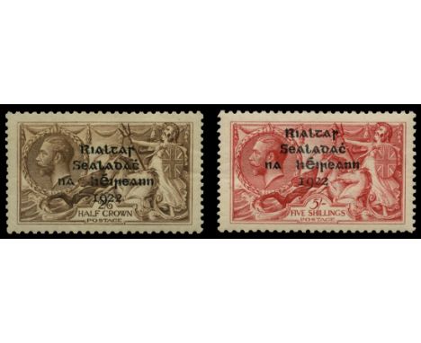 1922 2s6d chocolate-brown and 5s rose-red with type 3 overprint by Thom in shiny blue-black (SG 44/5), both u/m with RPS cert