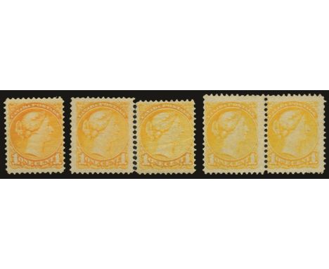 1870-90 Montreal printings, perf nearly 12, 1c orange-yellow, 1c pale dull yellow, 1c bright yellow and horizontal pair 1c le