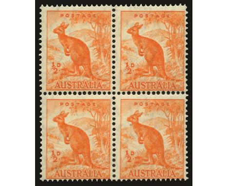 1937-49 Perf 15x14 ½d orange 'Kangaroo' coil block of four showing both large and small holes (SG 179ba), fine u/m, Murray Pa
