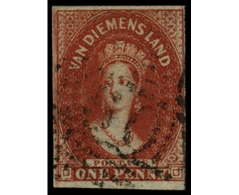 1855 1d carmine (SG 14) used by light '60' numeral of Launceston, just touched at right with good to large margins elsewhere,
