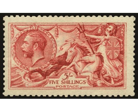 1915 5s bright carmine, De la Rue printing (SG 409), a few shortish perfs, typical light streaky gum toning, u/m, BPA cert (2