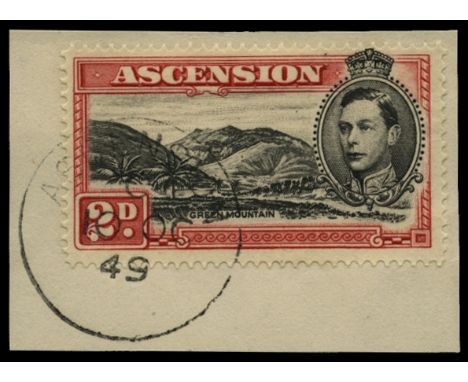 1938-53 2d black and scarlet, perf 14 with 'Mountaineer flaw' (SG 41ca), tied to small piece by 10 OC 49 cds, RPS cert (2014)