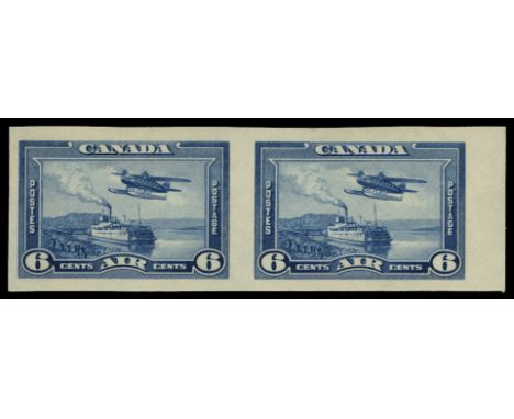 1937-38 Air 6c blue "Seaplane", right hand marginal horizontal imperforate pair with large margins (SG 371 var), fine u/m, RP