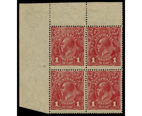 1918-20 King George V, watermark 6a, 1d carmine (pale shade) top left corner block of four, stamp 1 variety "Secret mark" (SG