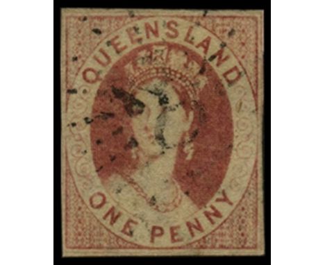 1860 Imperforate 1d carmine-rose (SG 1), four clear to good margins, used by light 'sunburst' numeral, RPS cert (2000), cat £