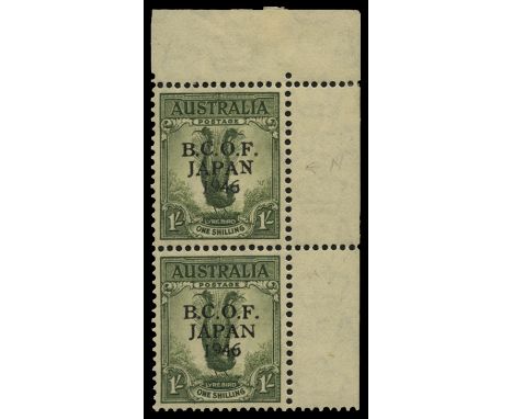 1946-47 1s grey-green top right corner vertical pair, the top stamp variety Narrow 'N' (SG J5/5c), the variety stamp with lig