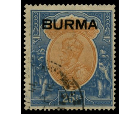 1937 Overprint on India, 25r orange and blue, watermark upright (SG 18), corner crease at upper right, used by part cds which