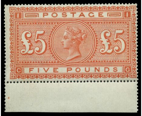 1867-83 £5 orange on white paper, watermark anchors (SG 137), lower marginal, light corner crease at lower left and faint sur