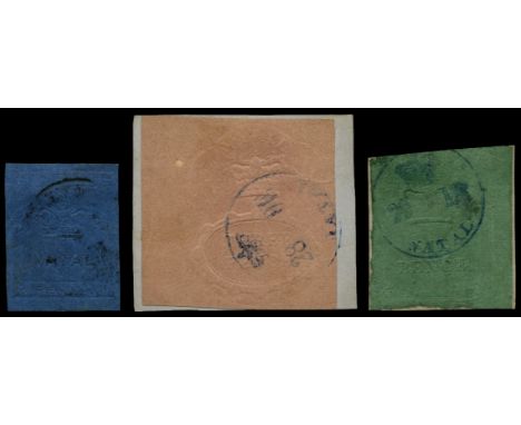 1857-61 1d blue, 3d rose and 6d green (SG 1, 4, 5), each used by light 'crown' cds, first four clear margins and above averag