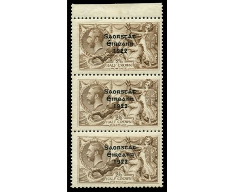 1922-23 2s6d chocolate-brown with type 5 (Thom) overprint, top marginal vertical strip of three, top stamp showing the Major 