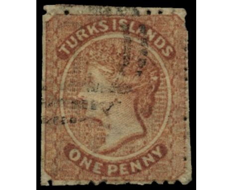 1873-79 1d dull red variety 'Throat' flaw (SG 5b), separated with scissors and perfs absent at left, used by light part barre