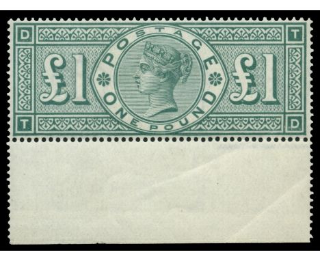 1887-1900 "Jubilee" £1 green (SG 212) with sheet margin at foot, a trace of surface rubbing at lower right and some gum creas