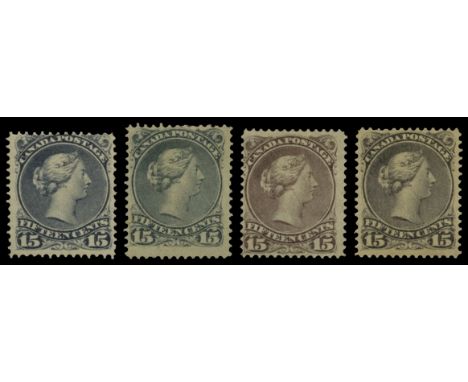 1868-90 Montreal printings, perf 12 15c deep slate, 15c slaty-blue and 15c slate-purple (SG 68/70), first u/m, second short p