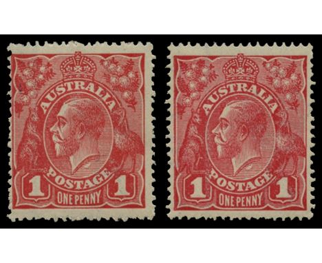 1914-20 King George V, watermark 5, 1d perf 14½x14 carmine-pink and 1d carmine-red both showing variety 'Flaw under neck' (SG