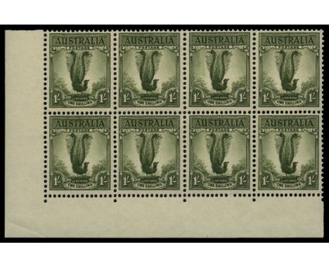 1948-56 1s grey-green 'Superb Lyrebird' south west corner marginal block of eight (4 x 2) stamp 3 (R9/3) variety 'Green mist'