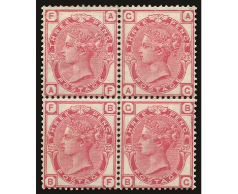 1880-83 3d rose plate 20, watermark imperial crown (SG 158) block of 4, upper left stamp creasing and one short perf, others 