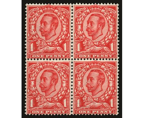 1912 (1 Jan) 1d bright scarlet watermark imperial crown, block of 4, lower left stamp with variety no cross on crown (SG 341/