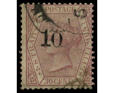 1880 (April) '10' on 30c claret, surcharge sub-type 'i' (SG 37), some short perfs, creasing and soiling at foot but lightly u