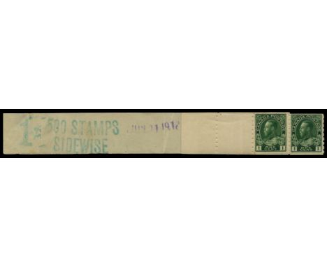 1912-21 Coil stamps, imperforate x perf 8, 1c blue-green (SG 220) horizontal pair with five blank fields and complete coil le