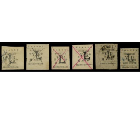 1896 (7 Nov) Hand-stamped "L", 1a to 1r black (SG 70/5), 8a used by large part Kampala cds, others by manuscript date (1a), o