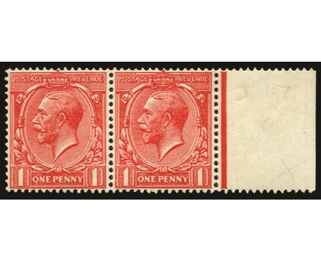 1912-24 1d vermilion, watermark simple cypher, right marginal horizontal pair, left stamp (R4/11) showing 'Q' for 'O' variety