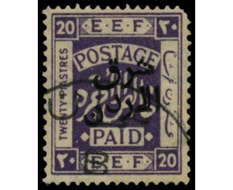 1925-26 'East of Jordan' opt type 19, 20p light violet perf 15x14 (SG 157a), missing corner perf at upper right, otherwise fi