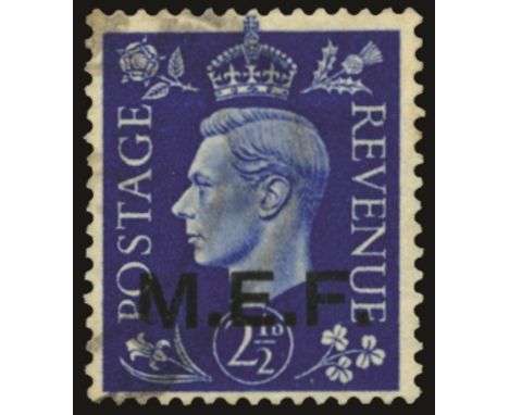 1942 2½d ultramarine overprinted M.E.F. (type M1) variety sliced 'M' R6/10 (SG M3a), fine used by part cds's, Murray Payne ce